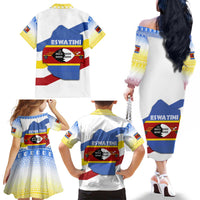 Eswatini Rhino Family Matching Off The Shoulder Long Sleeve Dress and Hawaiian Shirt with African Map and Traditional Swazi Flag Patterns