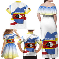 Eswatini Rhino Family Matching Off Shoulder Maxi Dress and Hawaiian Shirt with African Map and Traditional Swazi Flag Patterns