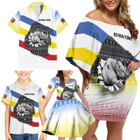 Eswatini Rhino Family Matching Off Shoulder Short Dress and Hawaiian Shirt with African Map and Traditional Swazi Flag Patterns