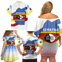 Eswatini Rhino Family Matching Off Shoulder Short Dress and Hawaiian Shirt with African Map and Traditional Swazi Flag Patterns
