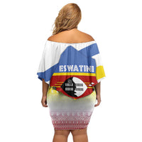 Eswatini Rhino Family Matching Off Shoulder Short Dress and Hawaiian Shirt with African Map and Traditional Swazi Flag Patterns