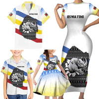 Eswatini Rhino Family Matching Short Sleeve Bodycon Dress and Hawaiian Shirt with African Map and Traditional Swazi Flag Patterns