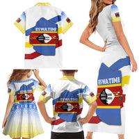 Eswatini Rhino Family Matching Short Sleeve Bodycon Dress and Hawaiian Shirt with African Map and Traditional Swazi Flag Patterns