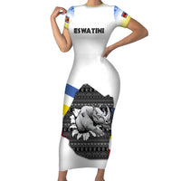 Eswatini Rhino Family Matching Short Sleeve Bodycon Dress and Hawaiian Shirt with African Map and Traditional Swazi Flag Patterns