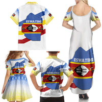 Eswatini Rhino Family Matching Summer Maxi Dress and Hawaiian Shirt with African Map and Traditional Swazi Flag Patterns