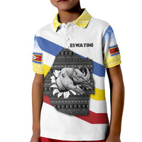 Eswatini Rhino Kid Polo Shirt with African Map and Traditional Swazi Flag Patterns