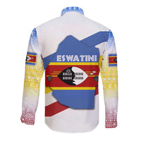Eswatini Rhino Long Sleeve Button Shirt with African Map and Traditional Swazi Flag Patterns