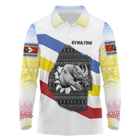 Eswatini Rhino Long Sleeve Polo Shirt with African Map and Traditional Swazi Flag Patterns