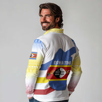 Eswatini Rhino Long Sleeve Polo Shirt with African Map and Traditional Swazi Flag Patterns