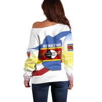 Eswatini Rhino Off Shoulder Sweater with African Map and Traditional Swazi Flag Patterns