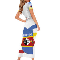 Eswatini Rhino Short Sleeve Bodycon Dress with African Map and Traditional Swazi Flag Patterns