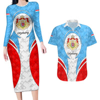Luxembourg Couples Matching Long Sleeve Bodycon Dress and Hawaiian Shirt with National Coat of Arms and Letzebuerg Text Design