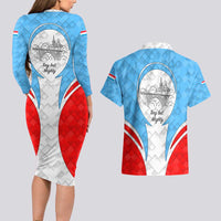 Luxembourg Couples Matching Long Sleeve Bodycon Dress and Hawaiian Shirt with National Coat of Arms and Letzebuerg Text Design
