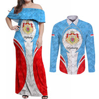 Luxembourg Couples Matching Off Shoulder Maxi Dress and Long Sleeve Button Shirt with National Coat of Arms and Letzebuerg Text Design