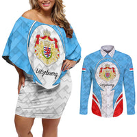 Luxembourg Couples Matching Off Shoulder Short Dress and Long Sleeve Button Shirt with National Coat of Arms and Letzebuerg Text Design