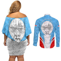 Luxembourg Couples Matching Off Shoulder Short Dress and Long Sleeve Button Shirt with National Coat of Arms and Letzebuerg Text Design