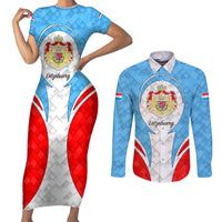 Luxembourg Couples Matching Short Sleeve Bodycon Dress and Long Sleeve Button Shirt with National Coat of Arms and Letzebuerg Text Design