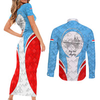Luxembourg Couples Matching Short Sleeve Bodycon Dress and Long Sleeve Button Shirt with National Coat of Arms and Letzebuerg Text Design