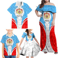Luxembourg Family Matching Off Shoulder Maxi Dress and Hawaiian Shirt with National Coat of Arms and Letzebuerg Text Design