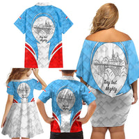 Luxembourg Family Matching Off Shoulder Short Dress and Hawaiian Shirt with National Coat of Arms and Letzebuerg Text Design
