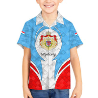Luxembourg Family Matching Off Shoulder Short Dress and Hawaiian Shirt with National Coat of Arms and Letzebuerg Text Design
