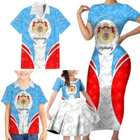 Luxembourg Family Matching Short Sleeve Bodycon Dress and Hawaiian Shirt with National Coat of Arms and Letzebuerg Text Design