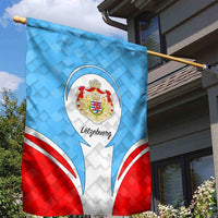 Luxembourg Garden Flag with National Coat of Arms and Letzebuerg Text Design
