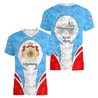 Luxembourg Women V-Neck T-Shirt with National Coat of Arms and Letzebuerg Text Design