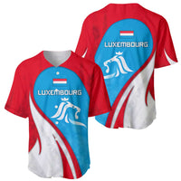 Luxembourg Baseball Jersey with National Flag Colors and White Lion Crest Design