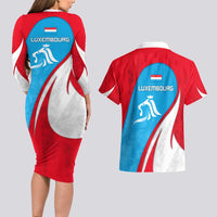 Luxembourg Couples Matching Long Sleeve Bodycon Dress and Hawaiian Shirt with National Flag Colors and White Lion Crest Design