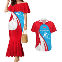 Luxembourg Couples Matching Mermaid Dress and Hawaiian Shirt with National Flag Colors and White Lion Crest Design