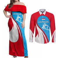 Luxembourg Couples Matching Off Shoulder Maxi Dress and Long Sleeve Button Shirt with National Flag Colors and White Lion Crest Design