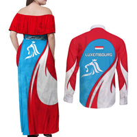 Luxembourg Couples Matching Off Shoulder Maxi Dress and Long Sleeve Button Shirt with National Flag Colors and White Lion Crest Design