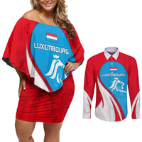 Luxembourg Couples Matching Off Shoulder Short Dress and Long Sleeve Button Shirt with National Flag Colors and White Lion Crest Design