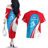 Luxembourg Couples Matching Off The Shoulder Long Sleeve Dress and Hawaiian Shirt with National Flag Colors and White Lion Crest Design