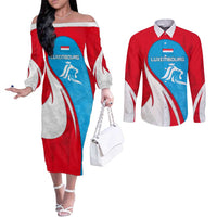 Luxembourg Couples Matching Off The Shoulder Long Sleeve Dress and Long Sleeve Button Shirt with National Flag Colors and White Lion Crest Design