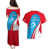 Luxembourg Couples Matching Puletasi and Hawaiian Shirt with National Flag Colors and White Lion Crest Design