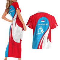Luxembourg Couples Matching Short Sleeve Bodycon Dress and Hawaiian Shirt with National Flag Colors and White Lion Crest Design