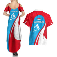 Luxembourg Couples Matching Summer Maxi Dress and Hawaiian Shirt with National Flag Colors and White Lion Crest Design