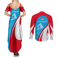 Luxembourg Couples Matching Summer Maxi Dress and Long Sleeve Button Shirt with National Flag Colors and White Lion Crest Design