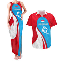 Luxembourg Couples Matching Tank Maxi Dress and Hawaiian Shirt with National Flag Colors and White Lion Crest Design