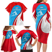 Luxembourg Family Matching Long Sleeve Bodycon Dress and Hawaiian Shirt with National Flag Colors and White Lion Crest Design