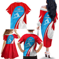 Luxembourg Family Matching Off The Shoulder Long Sleeve Dress and Hawaiian Shirt with National Flag Colors and White Lion Crest Design