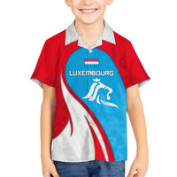 Luxembourg Family Matching Off The Shoulder Long Sleeve Dress and Hawaiian Shirt with National Flag Colors and White Lion Crest Design