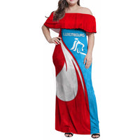 Luxembourg Family Matching Off Shoulder Maxi Dress and Hawaiian Shirt with National Flag Colors and White Lion Crest Design