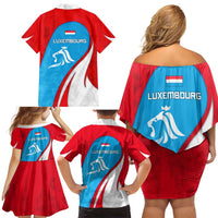Luxembourg Family Matching Off Shoulder Short Dress and Hawaiian Shirt with National Flag Colors and White Lion Crest Design