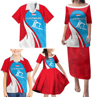 Luxembourg Family Matching Puletasi and Hawaiian Shirt with National Flag Colors and White Lion Crest Design