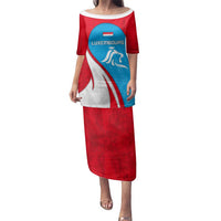 Luxembourg Family Matching Puletasi and Hawaiian Shirt with National Flag Colors and White Lion Crest Design