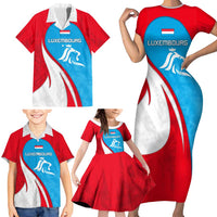 Luxembourg Family Matching Short Sleeve Bodycon Dress and Hawaiian Shirt with National Flag Colors and White Lion Crest Design