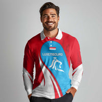 Luxembourg Long Sleeve Polo Shirt with National Flag Colors and White Lion Crest Design
